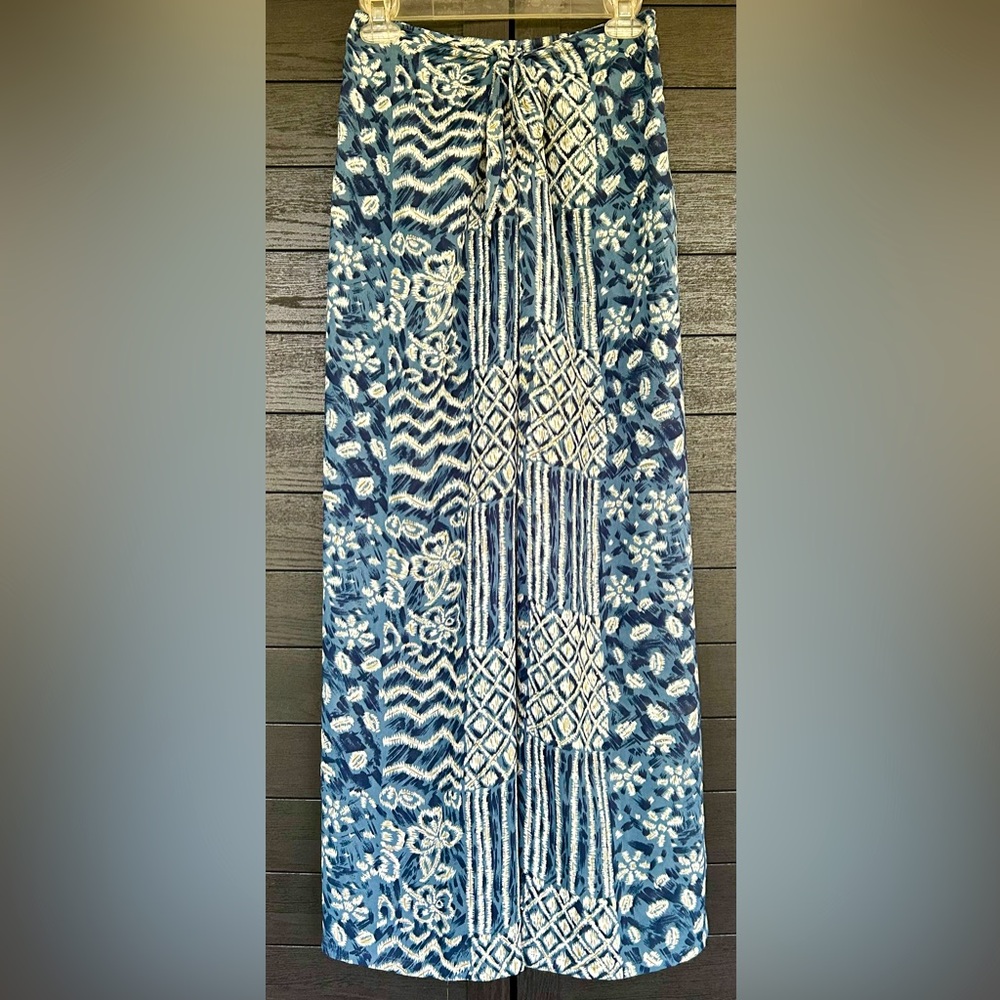 **MODA INTL**Tie-Front Semi-Sheer Pool/Beach Pants Patterned Blue Patchwork, XS